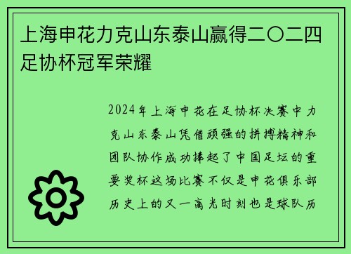 上海申花力克山东泰山赢得二〇二四足协杯冠军荣耀 上海申花力克山东泰山赢得二〇二四足协杯冠军荣耀